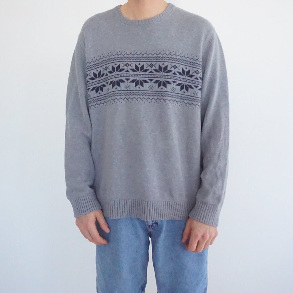 Nautica Vintage Grey Fair Isle Knit Preppy Quiet Luxury Old Money Sweater XL